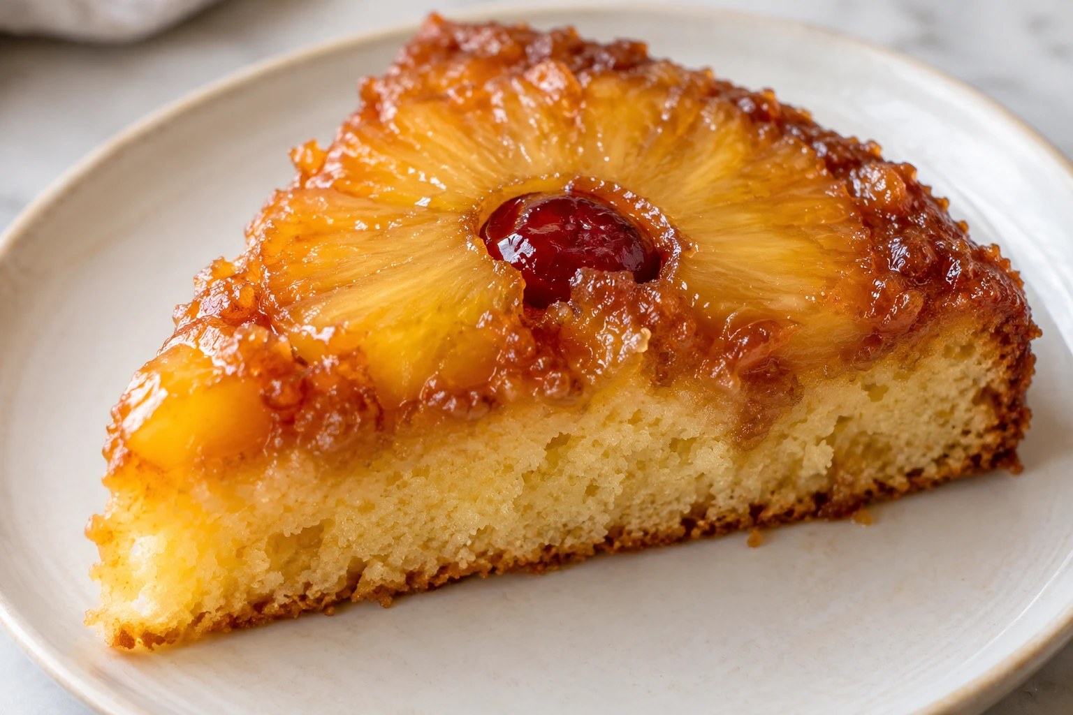 A slice reveals soft vanilla crumb beneath a glossy pineapple and brown sugar topping.