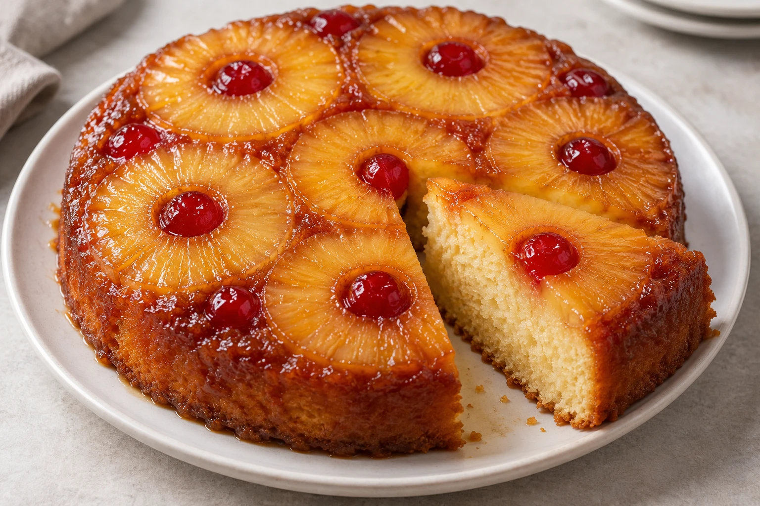 Golden pineapple rings and optional cherries shine over a tender vanilla cake on a serving plate.