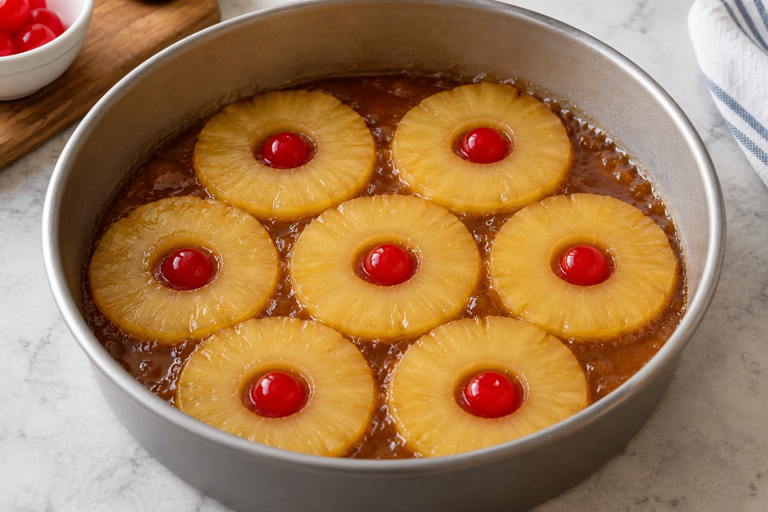 Pineapple rings and optional cherries are arranged over brown sugar topping in a round cake pan.