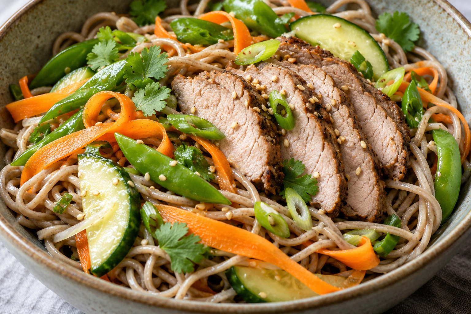 Tender pork slices and crisp vegetables sit over lightly dressed soba noodles.