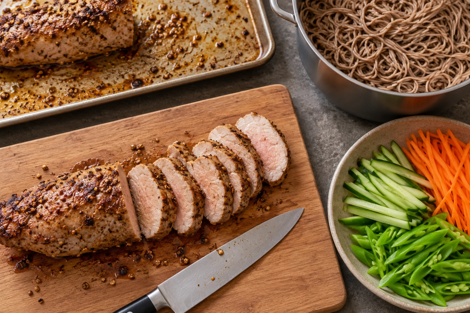 A coriander-seasoned pork tenderloin roasts on a sheet pan before it is rested and sliced.
