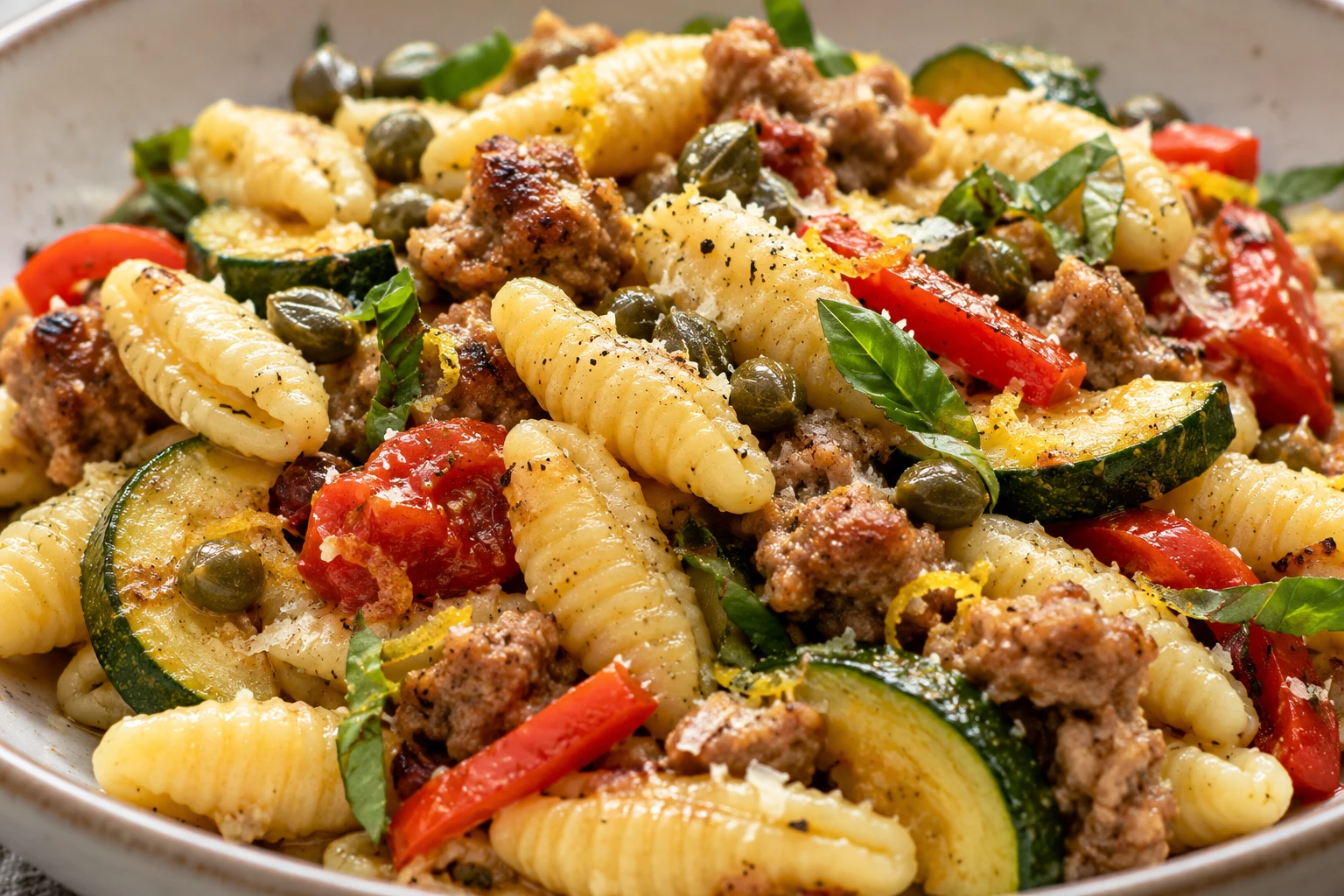 Ridged cavatelli carries a light sauce with pork, capers, zucchini, tomato, and basil.