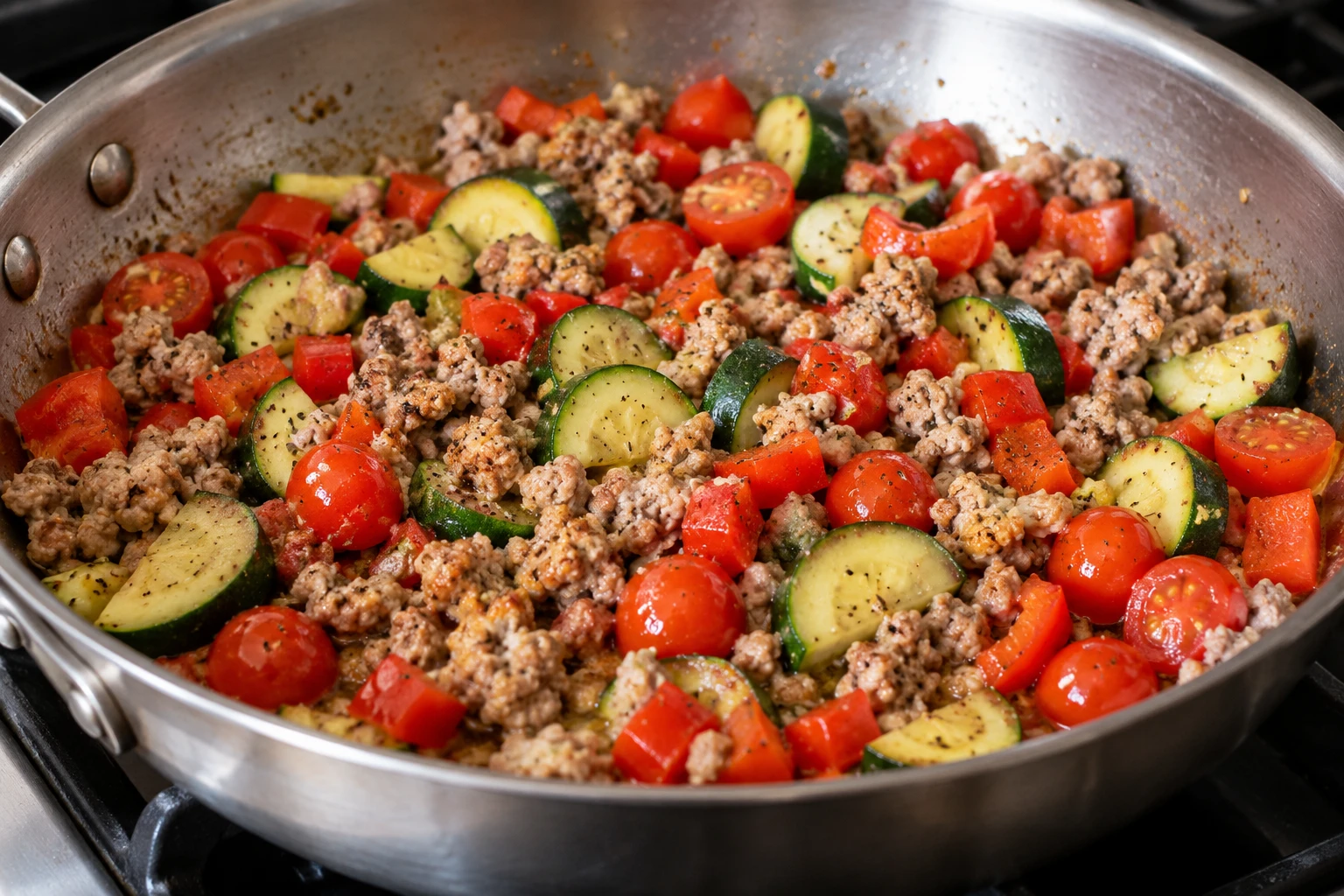 Pork crumbles and zucchini, pepper, and tomatoes cook together in a wide skillet.