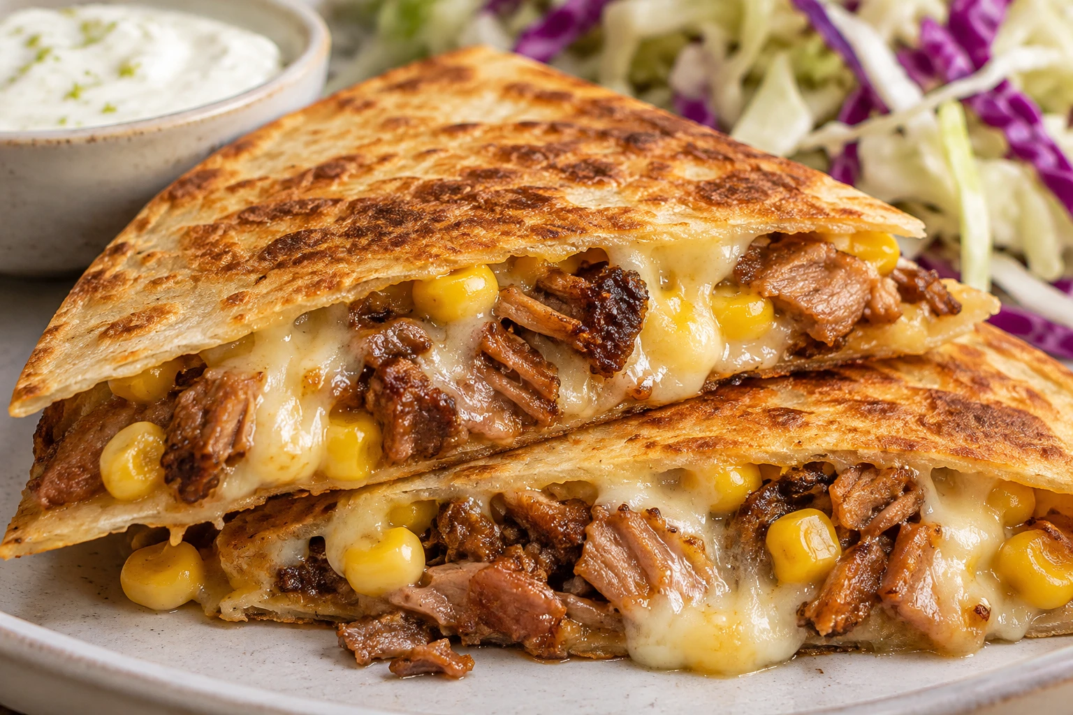 A crisp quesadilla wedge reveals melted cheese, pork, and charred corn.