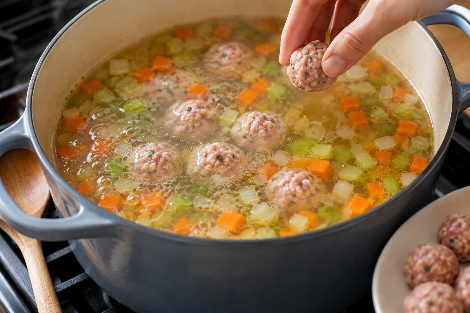 Small pork meatballs simmer gently in clear broth with diced vegetables before pasta is added.