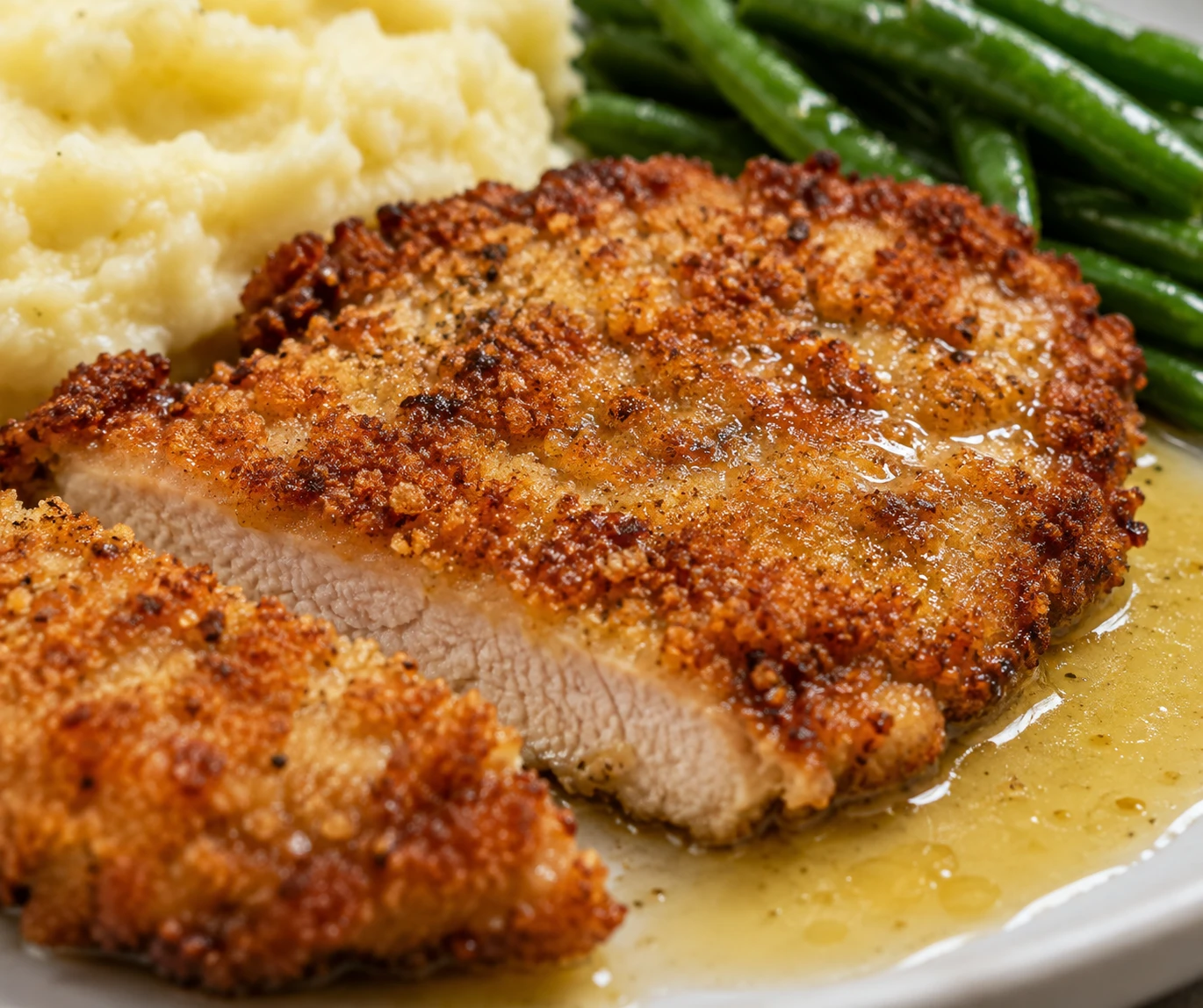 Close view of a crisp golden schnitzel crust beside buttery mashed potatoes and green beans.