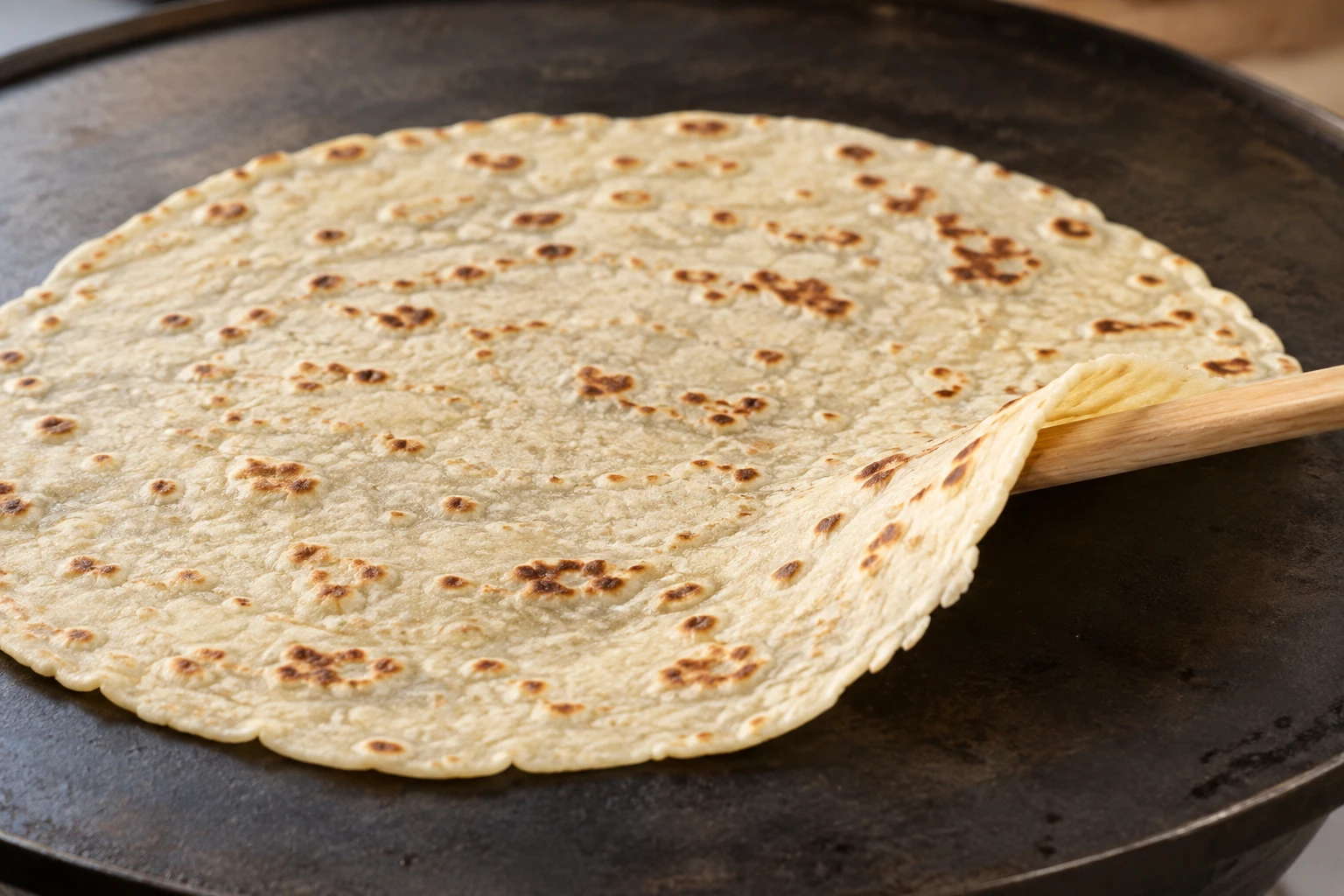Pale-brown griddle spots mark a thin potato lefse whose soft edge lifts easily from the hot surface.