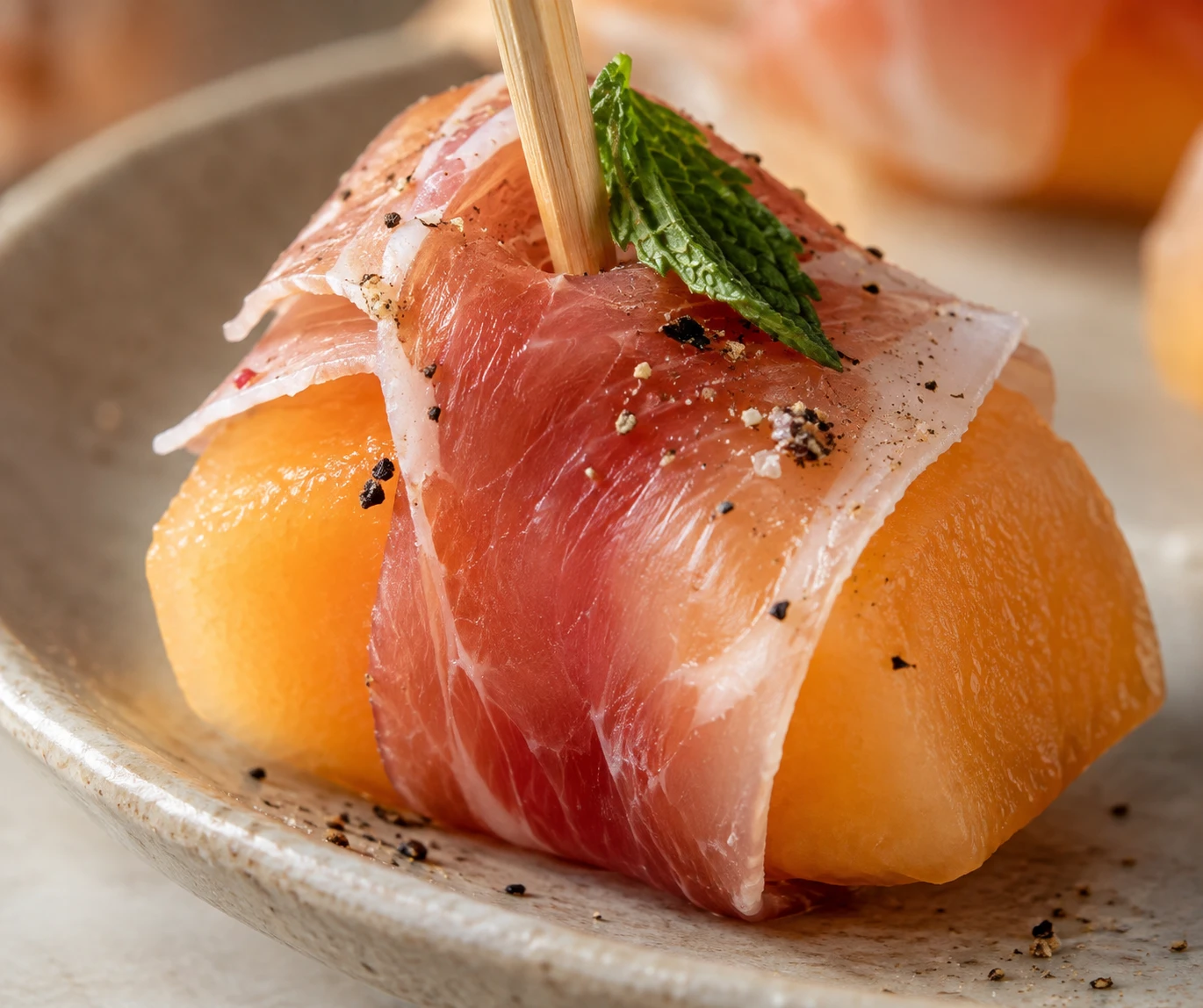 A close view shows prosciutto tucked around cold cantaloupe with mint and pepper.