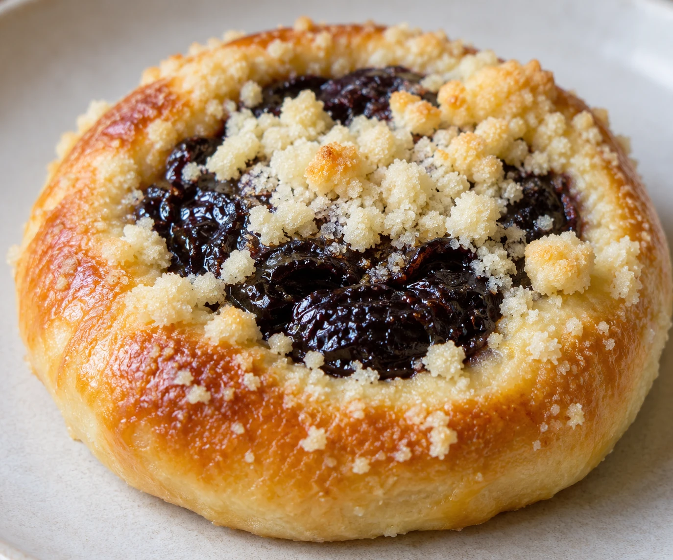 A close view shows glossy prune filling contained within a golden kolache and its crumb topping.