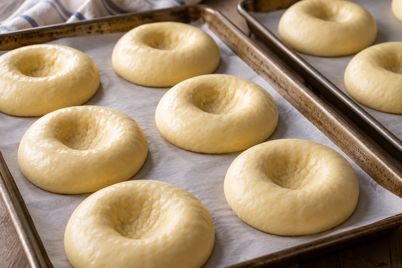 Puffy yeast bun rounds on lined baking sheets are shaped with open centers for fruit filling.