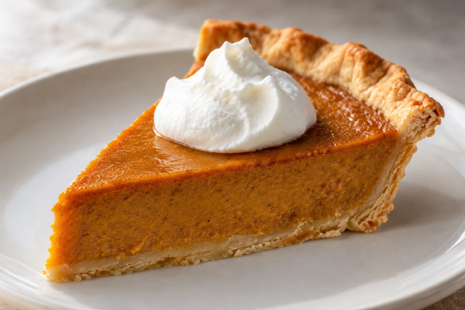 A clean pumpkin pie slice reveals smooth custard, a flaky golden base, and softly whipped cream.