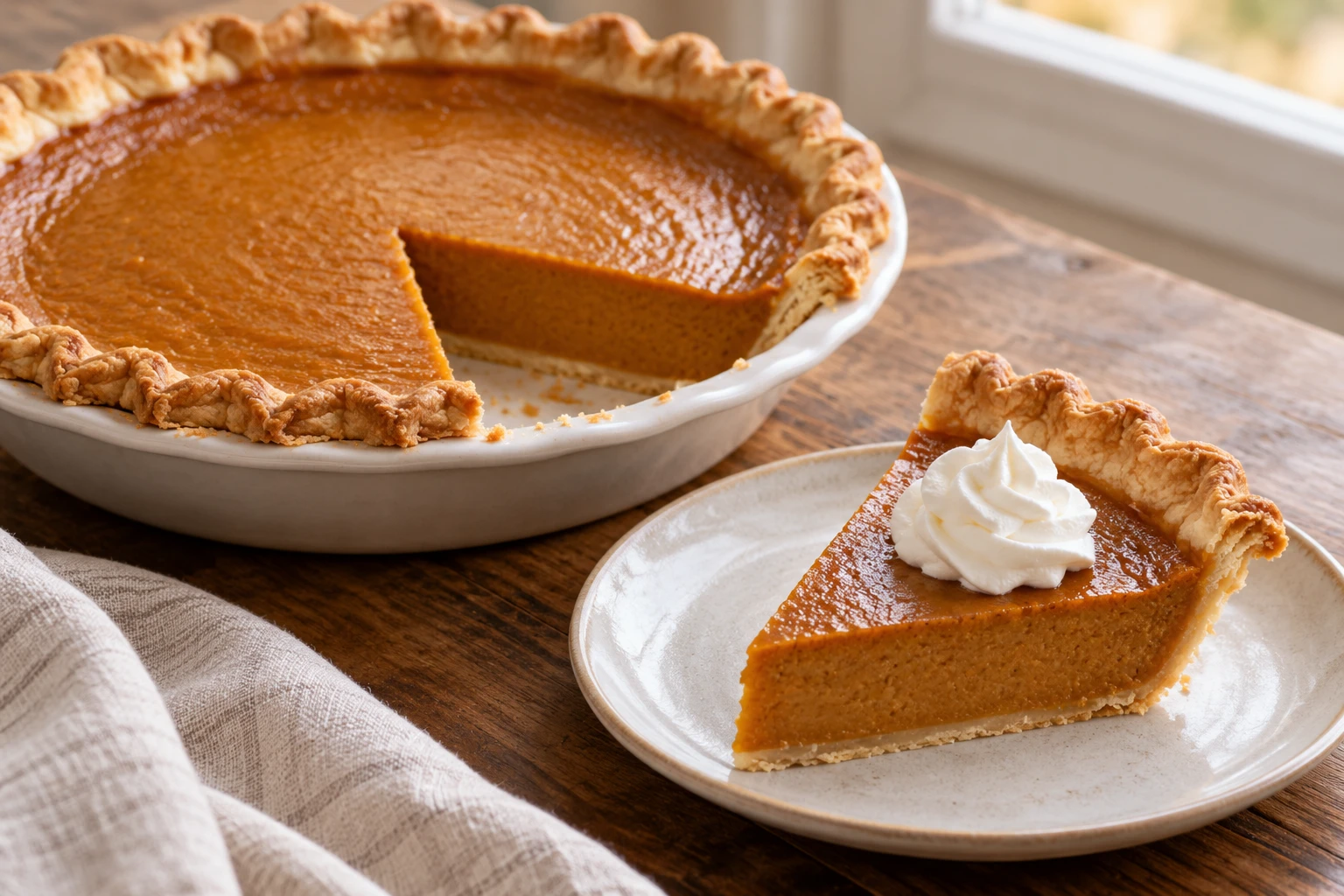A golden-crusted pumpkin pie shows smooth spiced custard beside a slice topped with soft whipped cream.