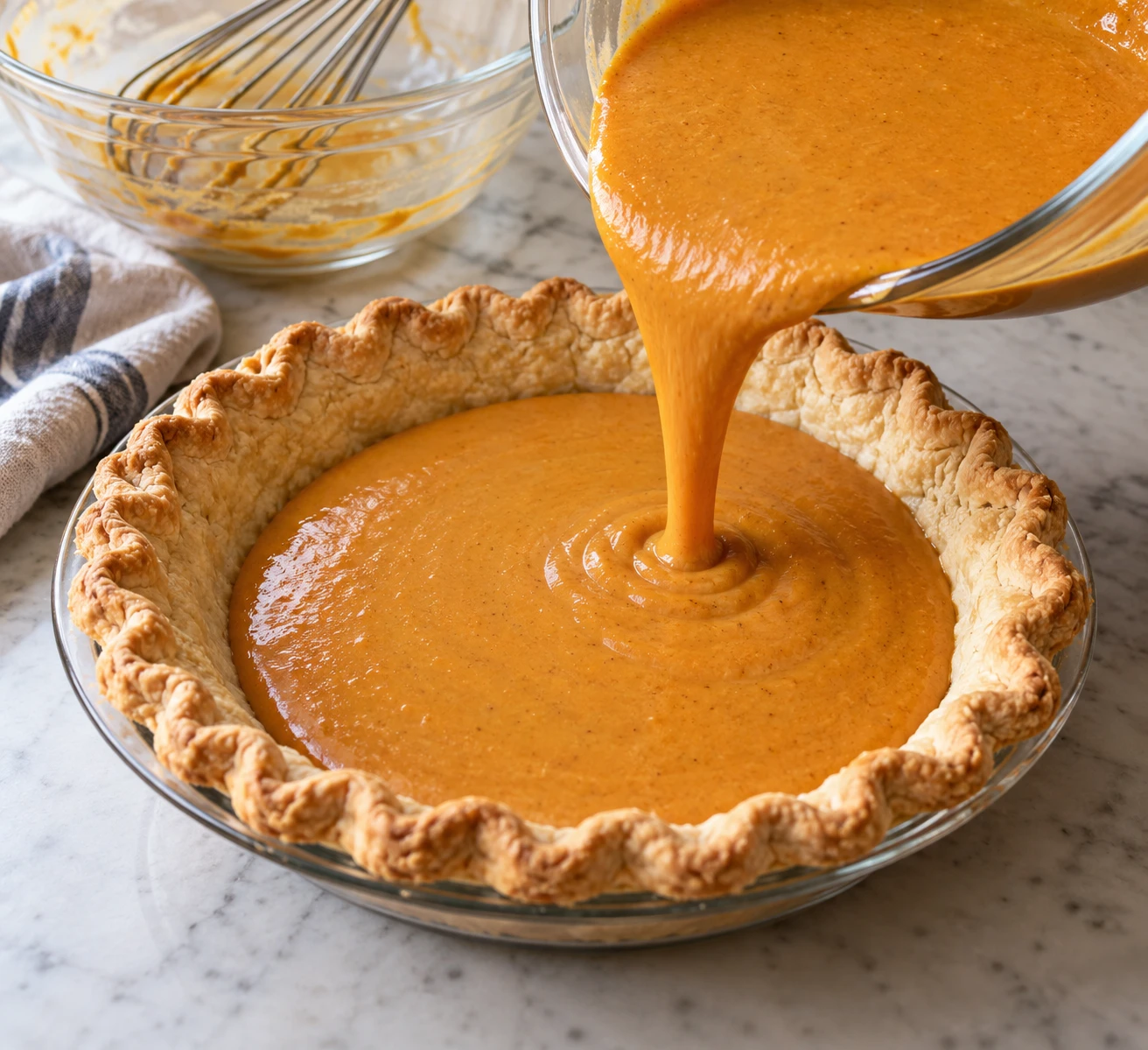 Smooth pumpkin custard fills a dry par-baked pastry shell before the pie goes into the oven.
