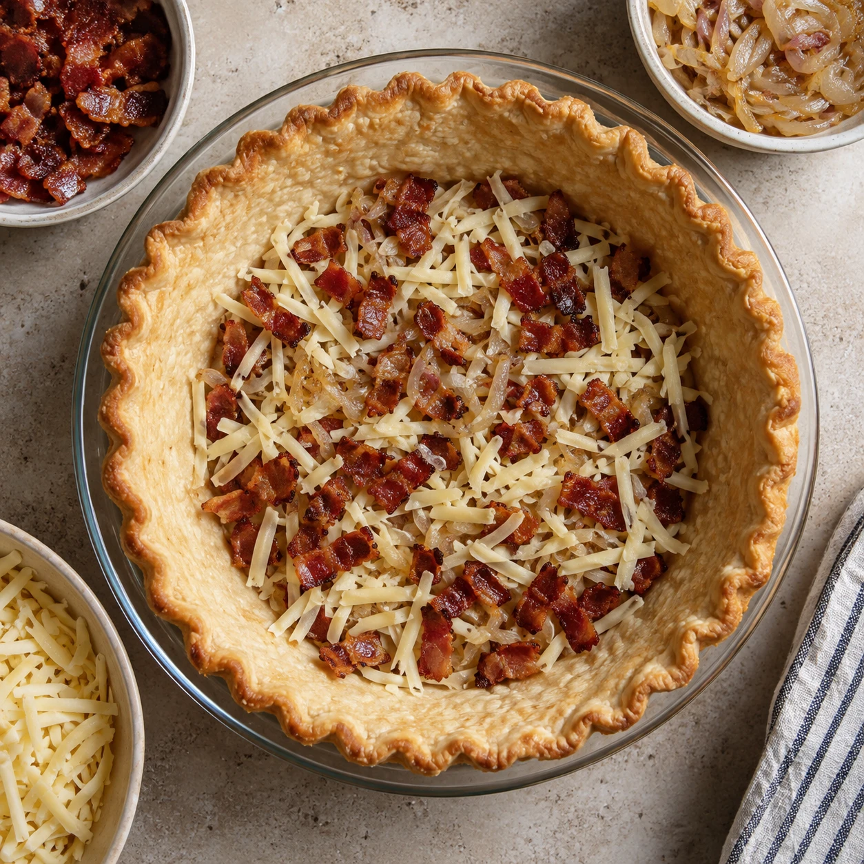A blind-baked pastry crust is layered with cooled bacon, soft shallots, and shredded Gruyère before custard is added.