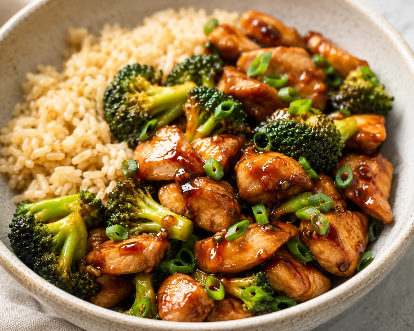 Glossy chicken pieces nestle against crisp broccoli and brown rice with fresh scallion slices.