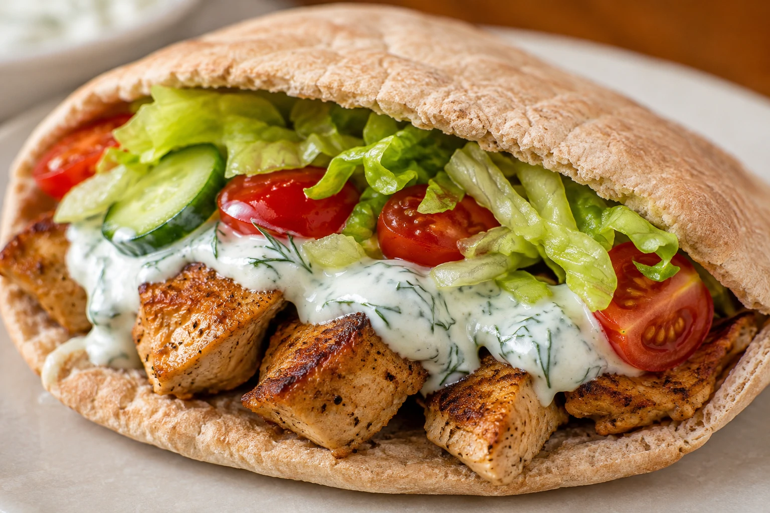 A whole-wheat pita reveals browned chicken, creamy yogurt sauce, shredded lettuce, tomatoes, and cucumber.