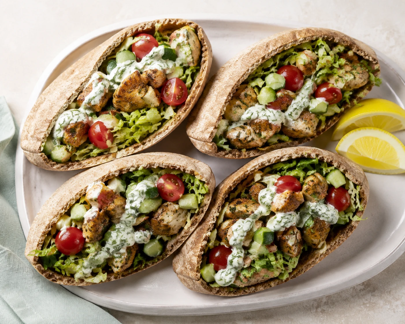Four whole-wheat pitas hold browned chicken, shredded lettuce, tomatoes, cucumber, and lemony yogurt sauce.