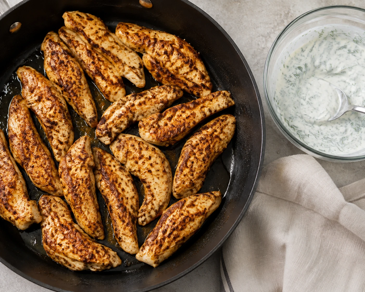Thin seasoned chicken tenders brown in a skillet beside a bowl of lemon-dill yogurt sauce.