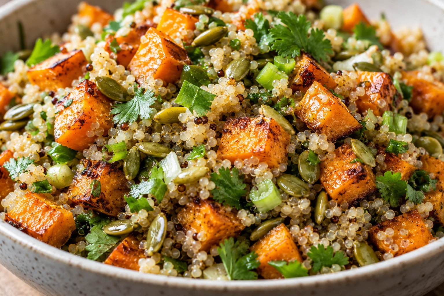 Separate quinoa grains surround intact browned sweet potato cubes, herbs, and crisp toasted pepitas.