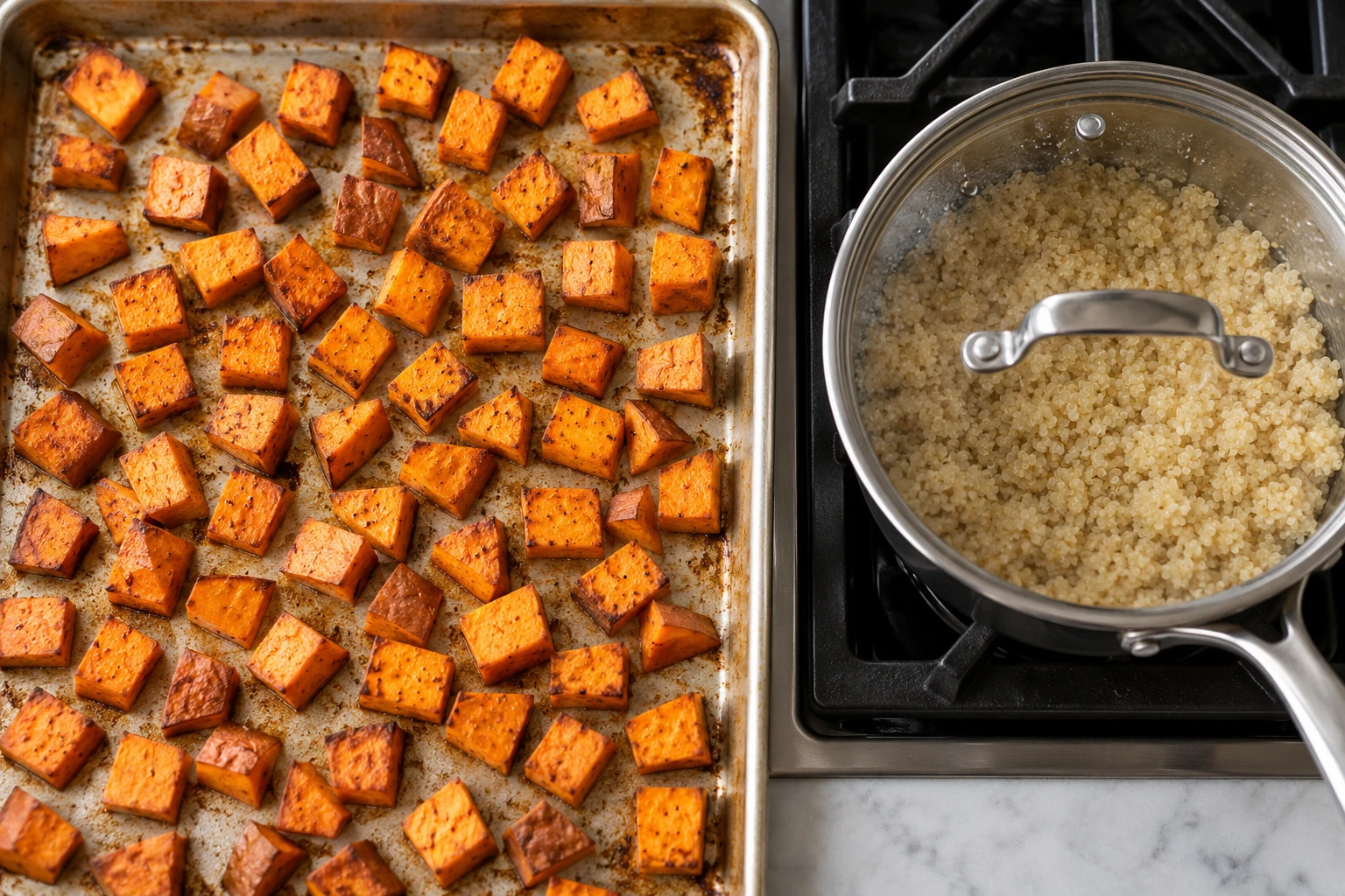 Roasted sweet potato cubes brown in a single layer while fluffy quinoa rests in a saucepan.