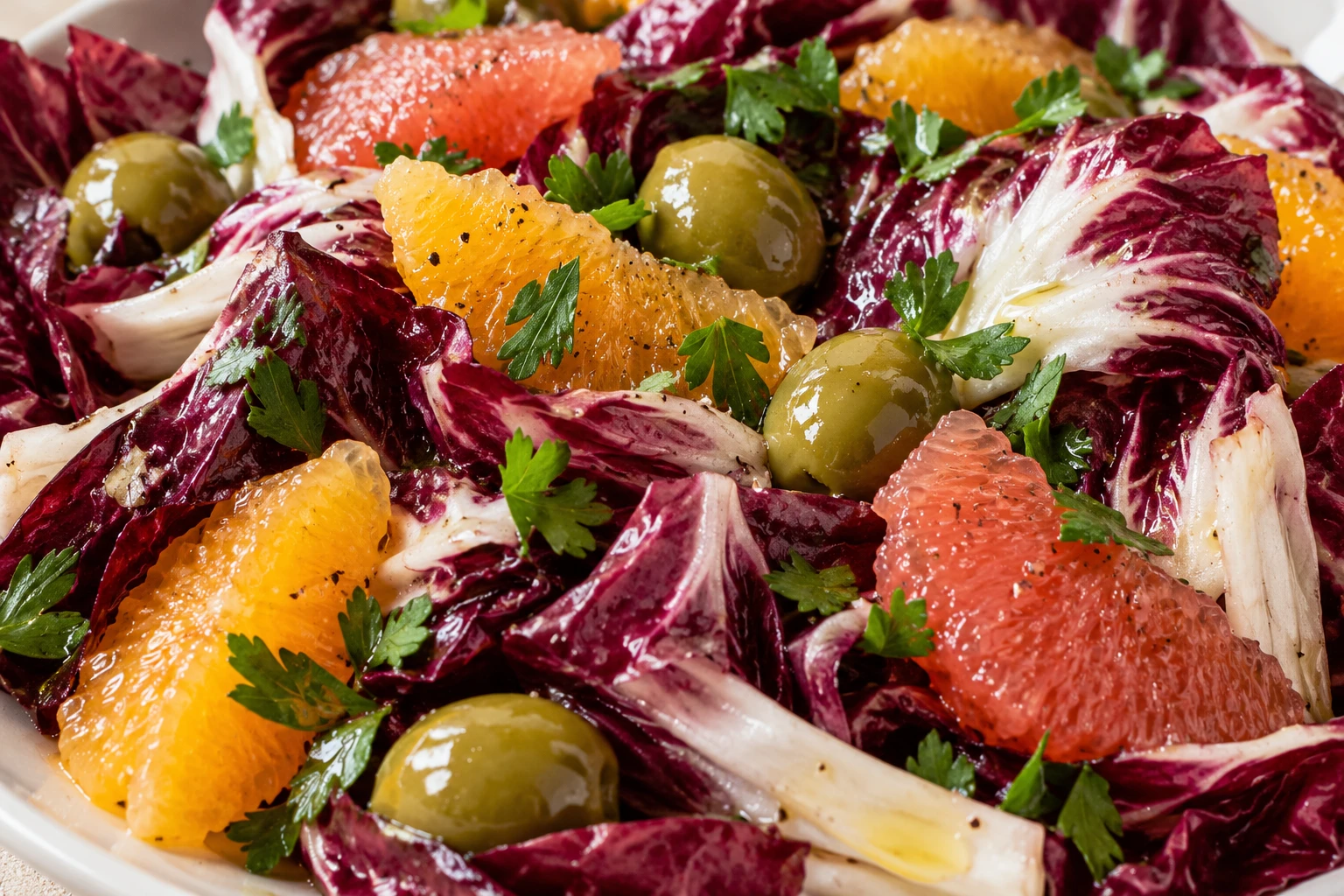 Juicy citrus and buttery green olives sit among glossy ridged radicchio leaves and parsley.
