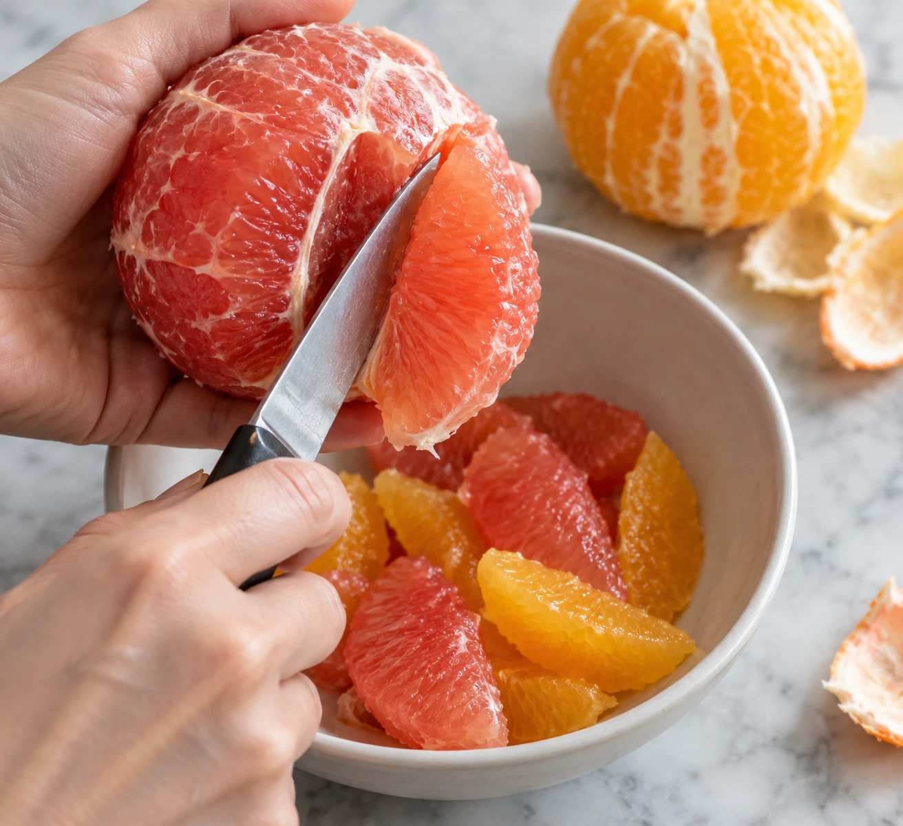 Citrus segments are released over a bowl while the membrane and peel remain in hand.
