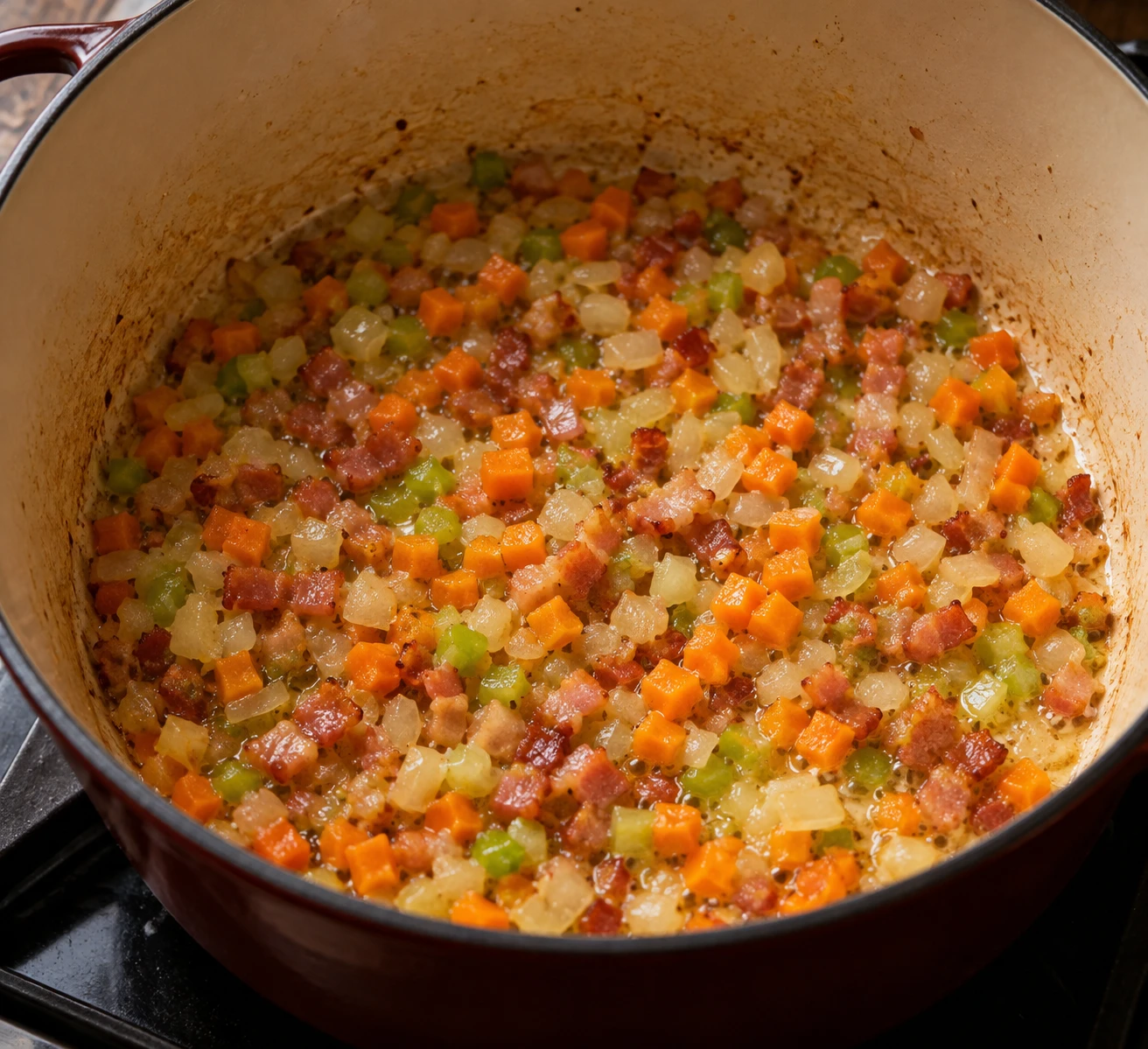 Fine-cut onion, carrot, celery, and pancetta soften together in a heavy pot.