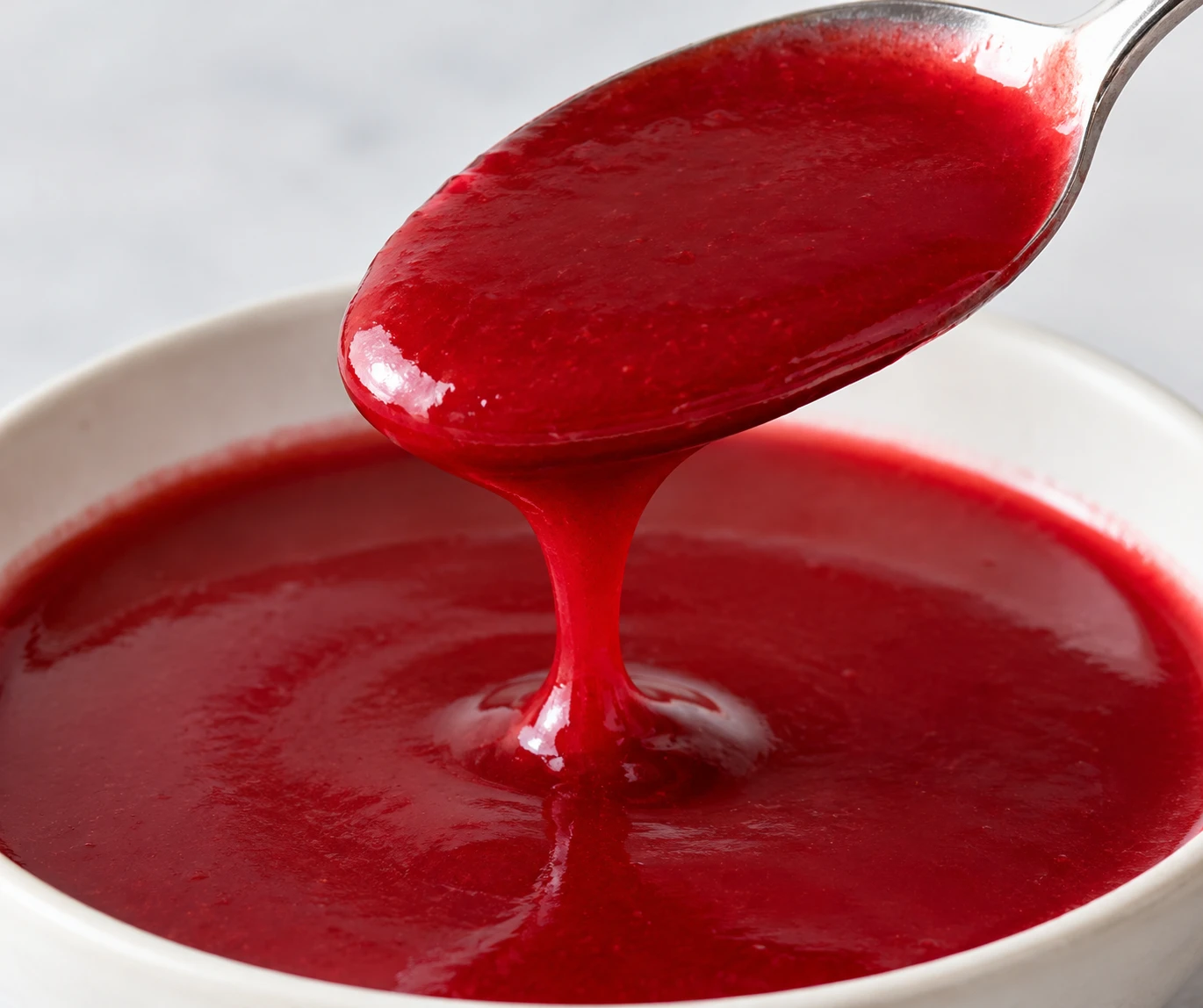 A glossy ribbon of seedless raspberry coulis falls from a spoon into a shallow pool.