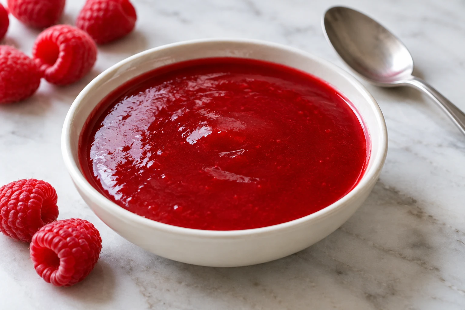 Glossy seedless raspberry coulis sits in a small white bowl beside ripe berries and a spoon.