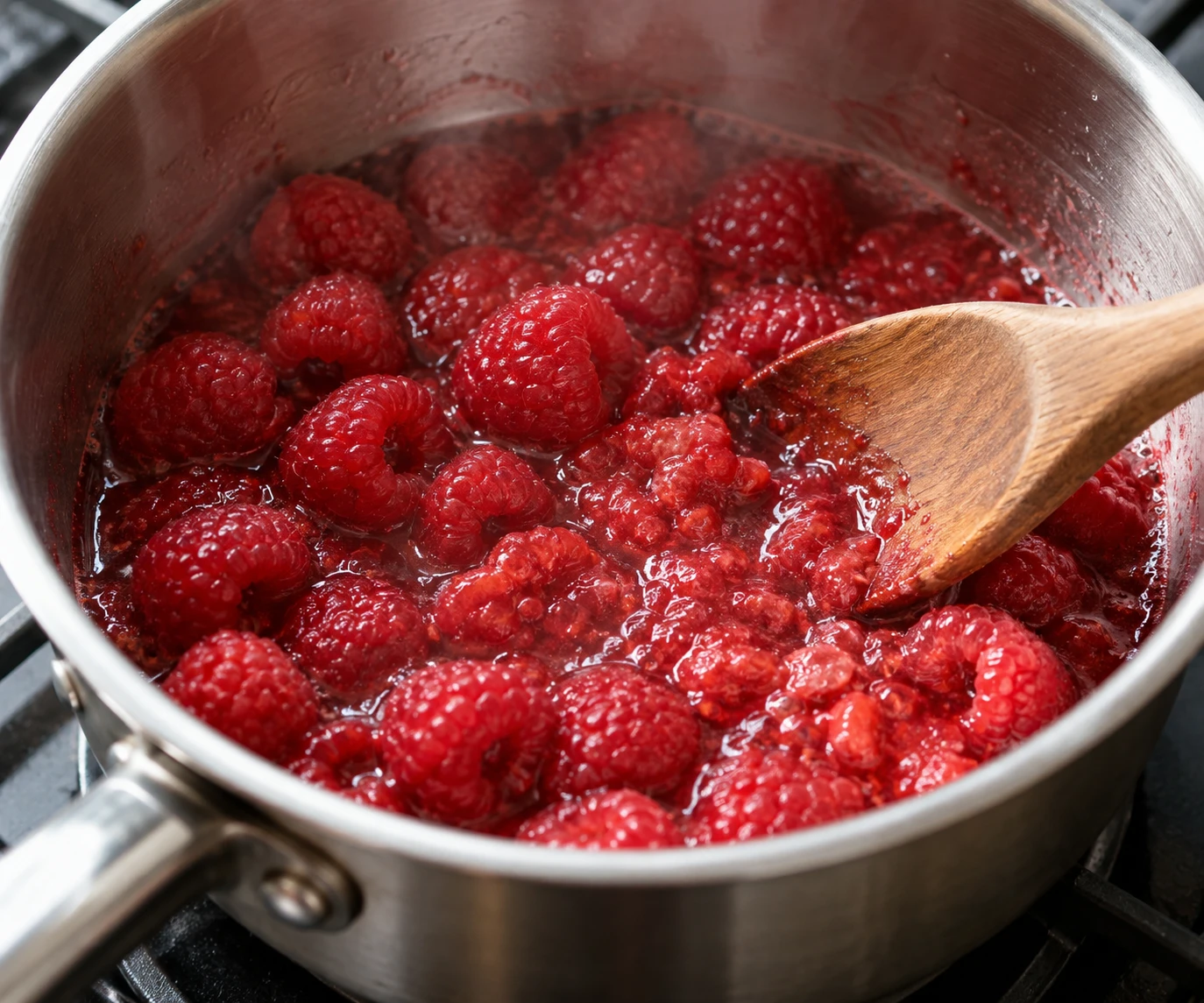 Raspberries soften with a little water in a saucepan before they are pureed and strained.