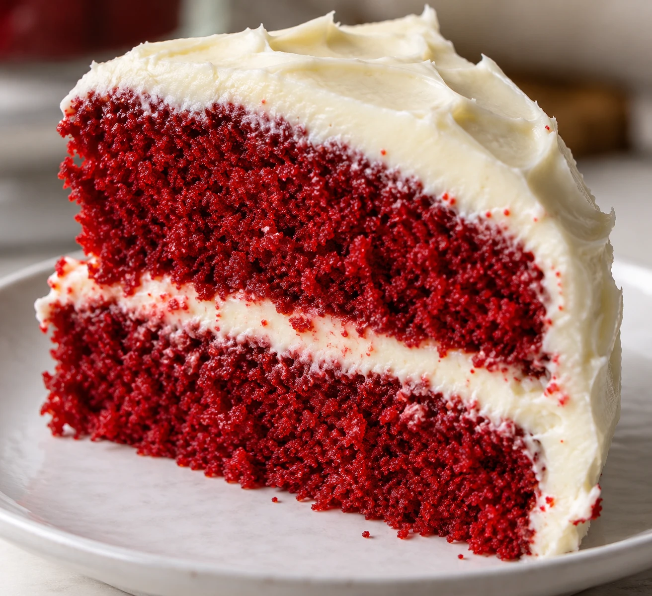 Close view of tender red cake crumb framed by smooth cream cheese frosting.