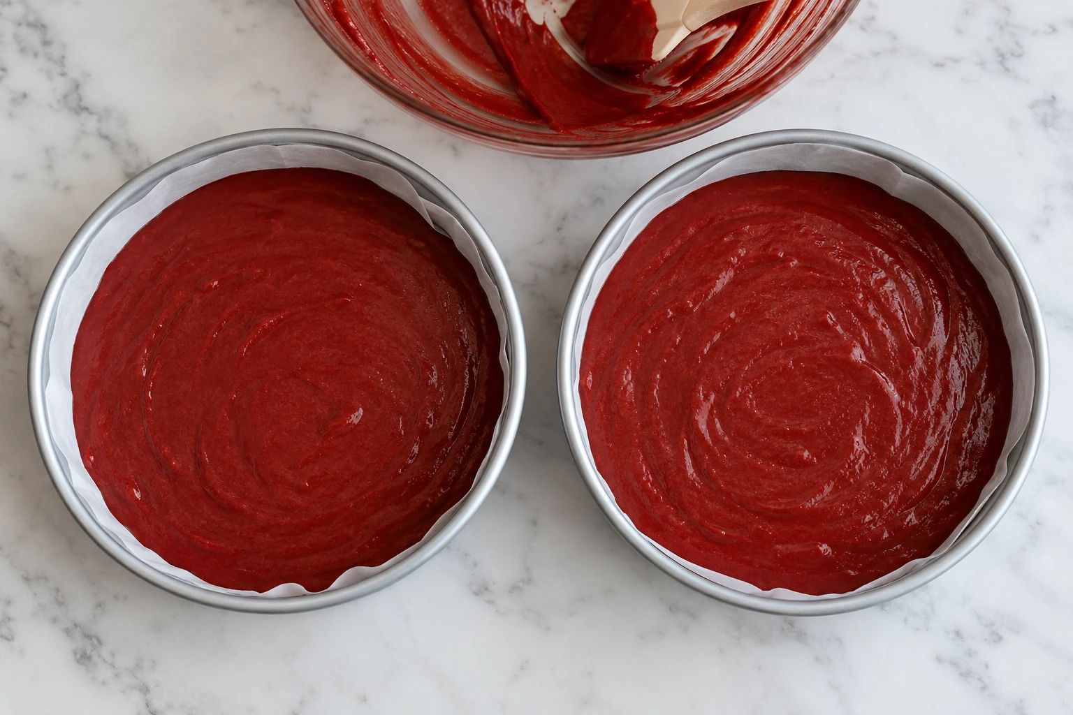 Smooth red velvet batter fills two parchment-lined cake pans before baking.