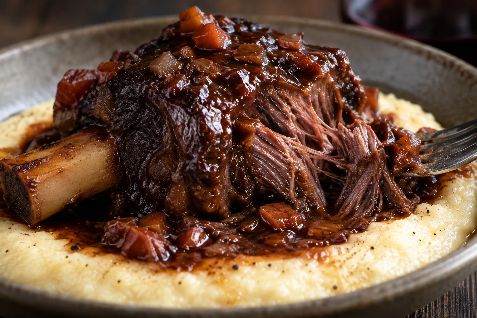 Spoon-tender beef pulls from a short-rib bone beneath glossy sauce over creamy Parmesan polenta.