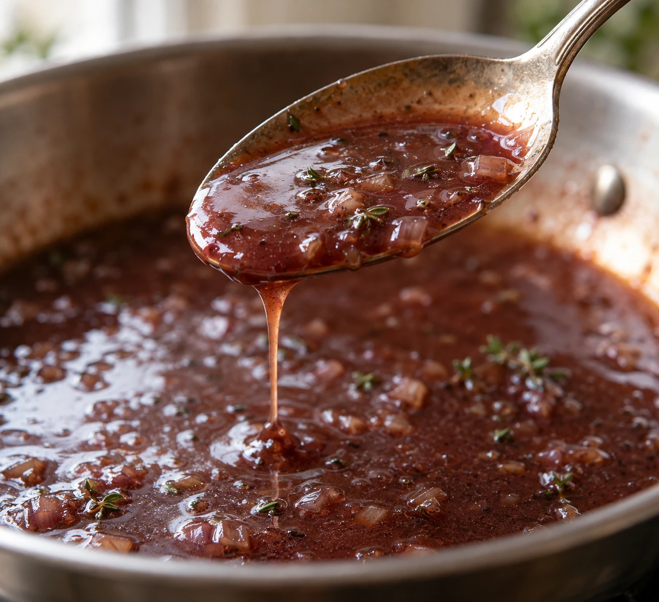 A spoonful of glossy red wine sauce lightly coats the spoon with minced shallot.