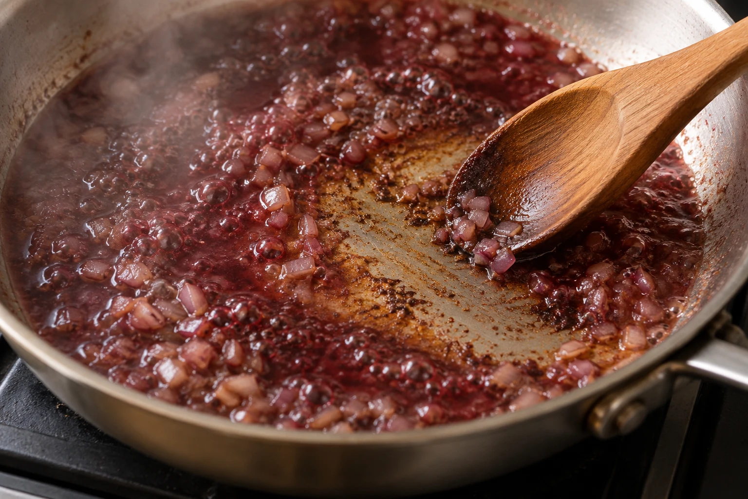Red wine bubbles with softened shallot in a skillet as a wooden spoon scrapes the base.