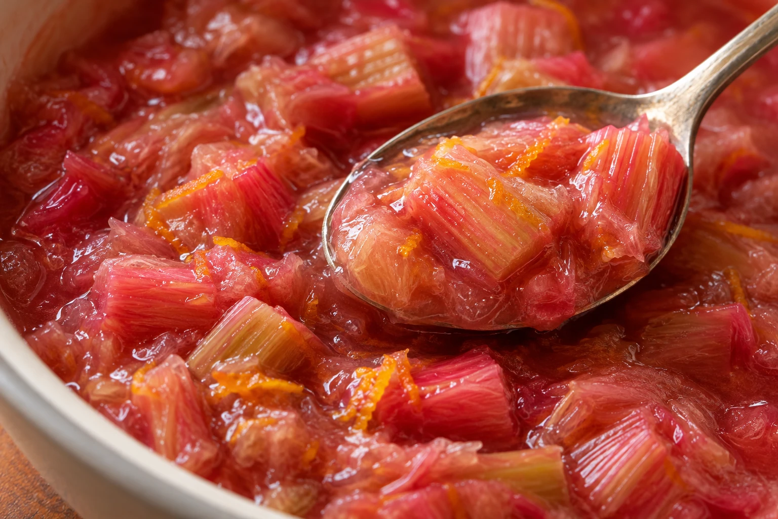 Tender rhubarb pieces and orange zest flecks show the glossy texture of the sauce.