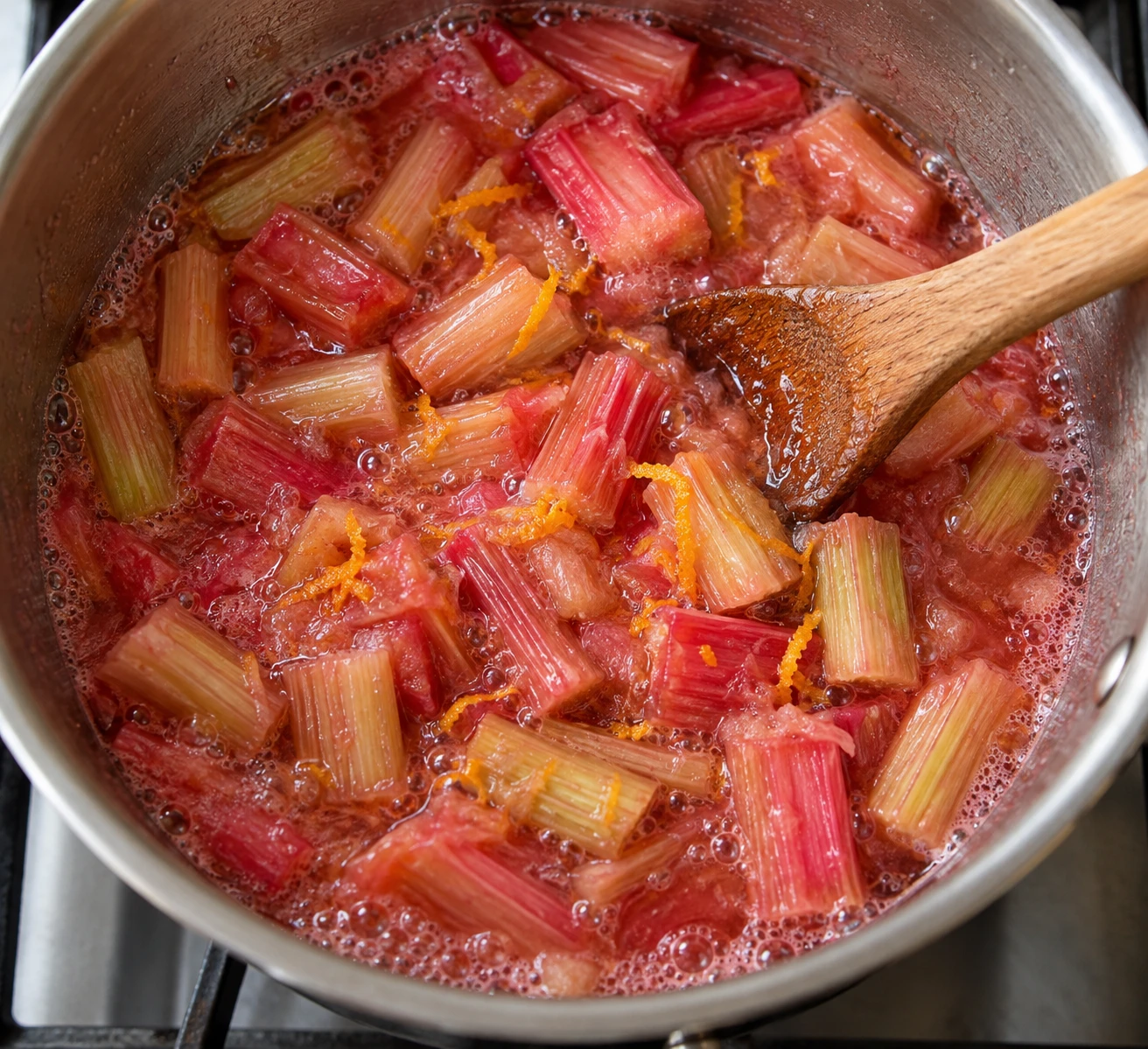 Rhubarb pieces simmer in pink juices with orange zest as a wooden spoon stirs gently.