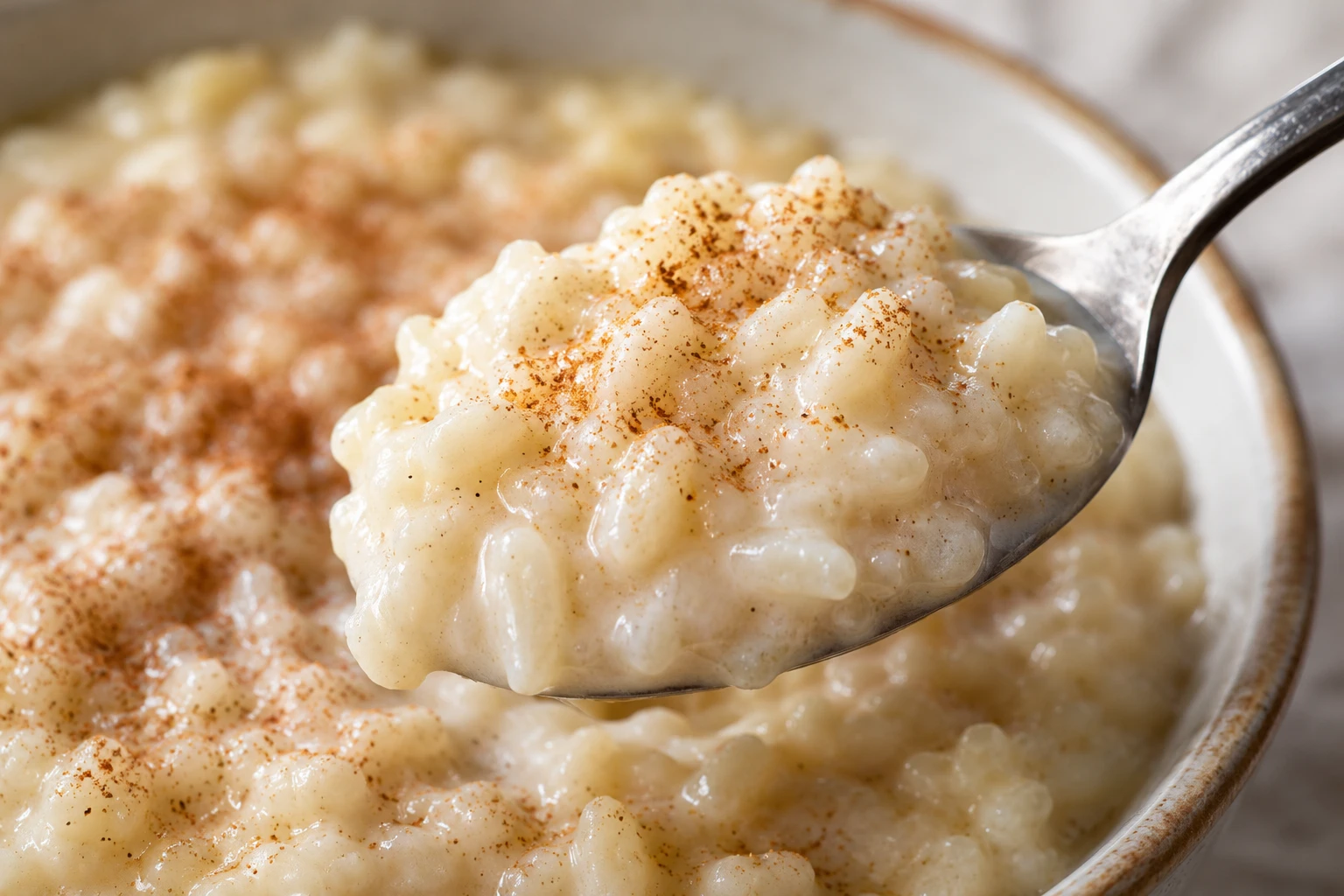 Tender rice grains sit in glossy vanilla cream under a light cinnamon dusting.