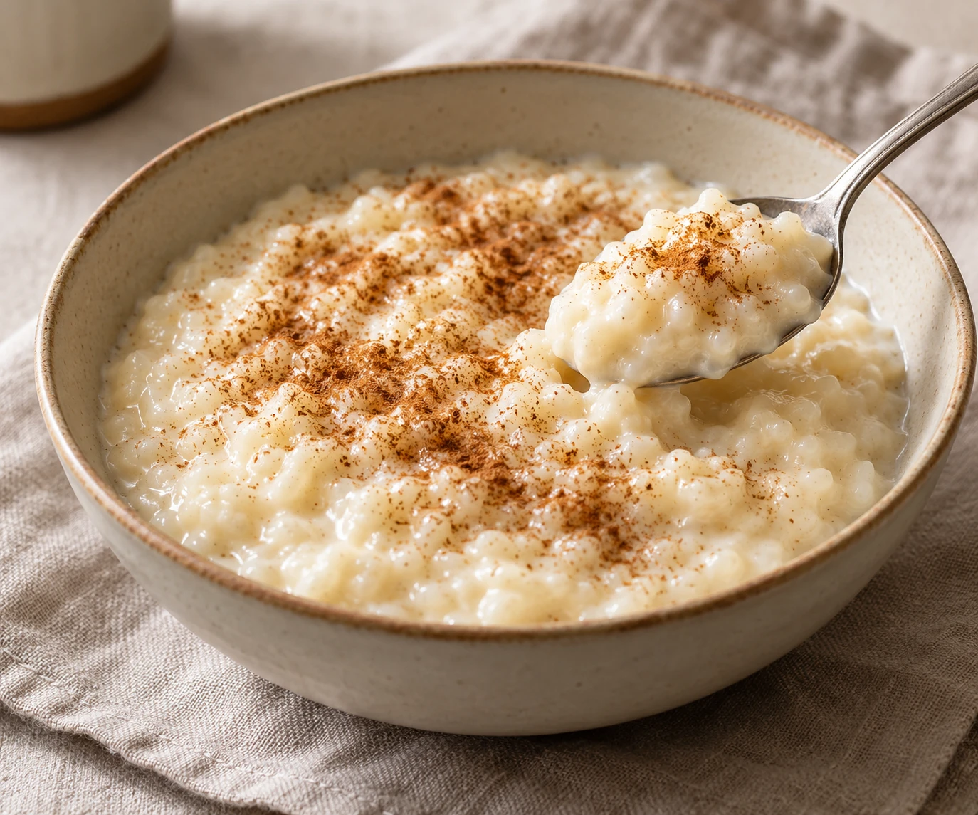 A bowl of creamy rice pudding is dusted with cinnamon, with tender grains visible in the vanilla milk.