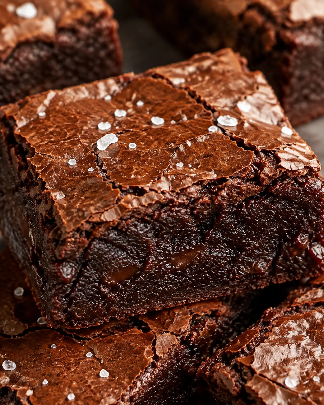 A cut brownie square shows its dense moist chocolate interior and thin shiny crackled crust.