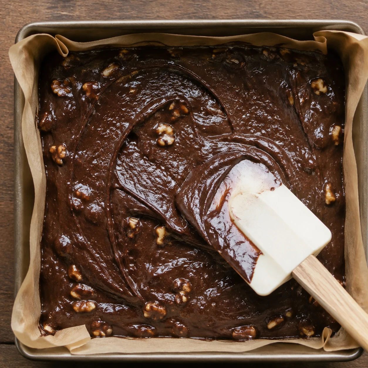 Glossy dark brownie batter is being smoothed in a parchment-lined square baking pan.