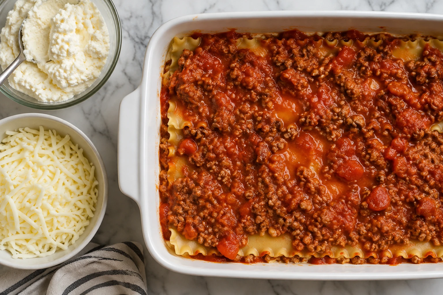 Beef tomato sauce is spread over dried lasagna noodles in a rectangular baking dish.
