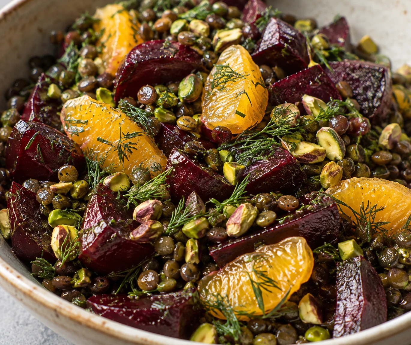 A close view shows glossy beet wedges, separate green lentils, orange, dill, and crisp pistachio pieces.