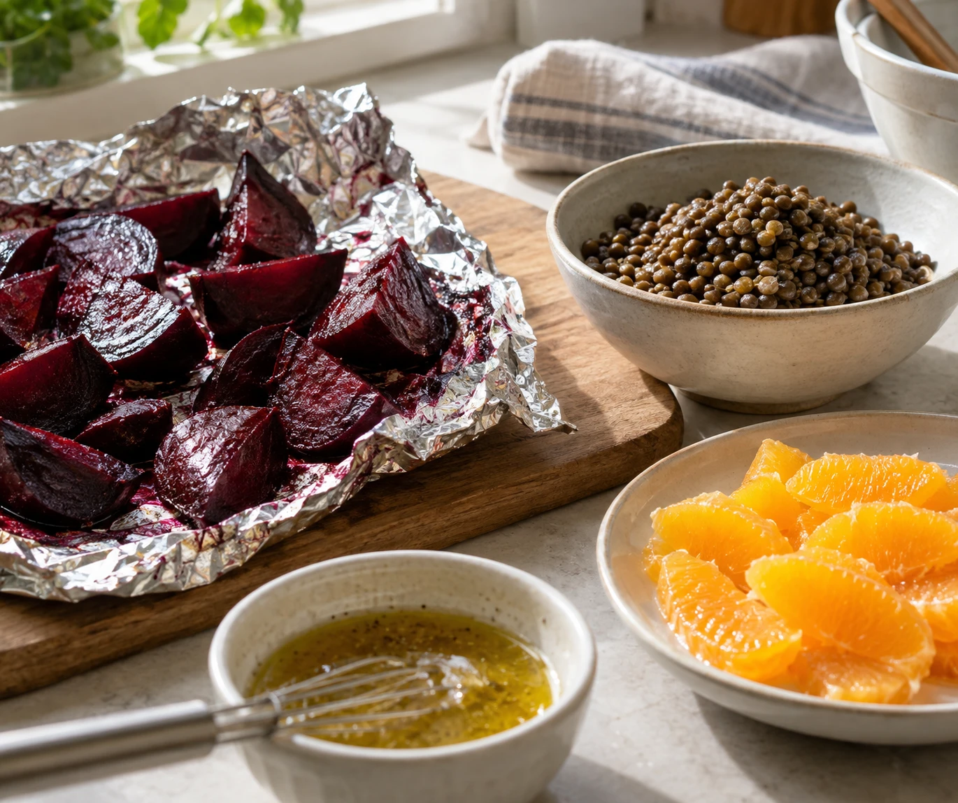 Roasted beet wedges, cooked green lentils, and fresh orange segments are ready for salad assembly.