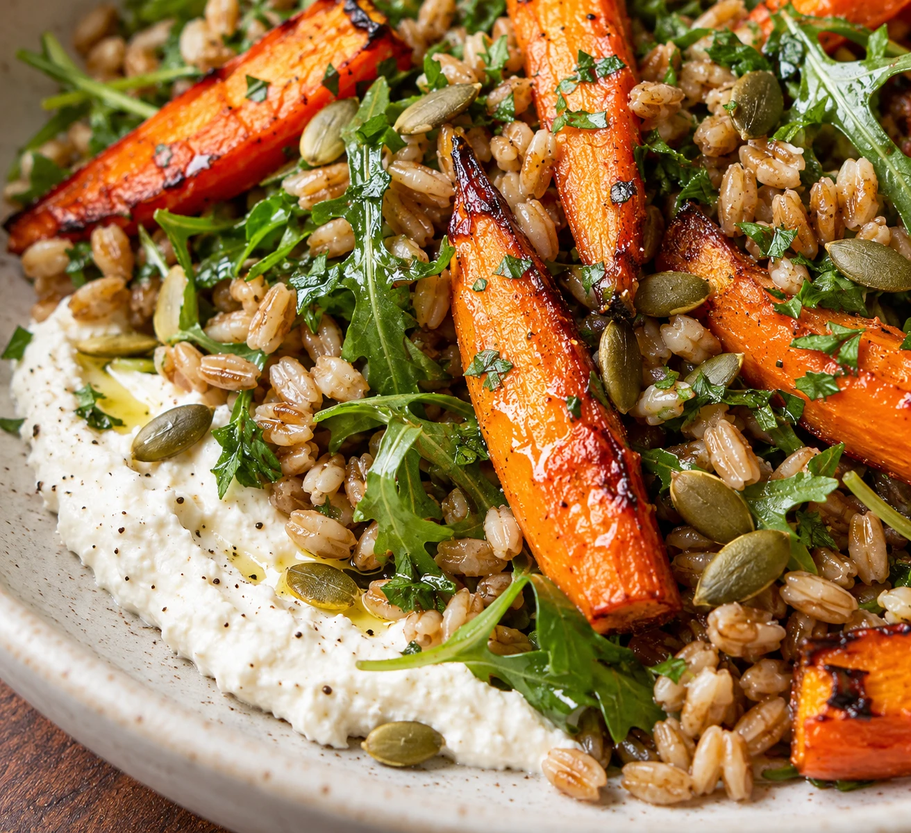 Chewy farro and browned carrot edges rest beside parsley and creamy whipped feta.