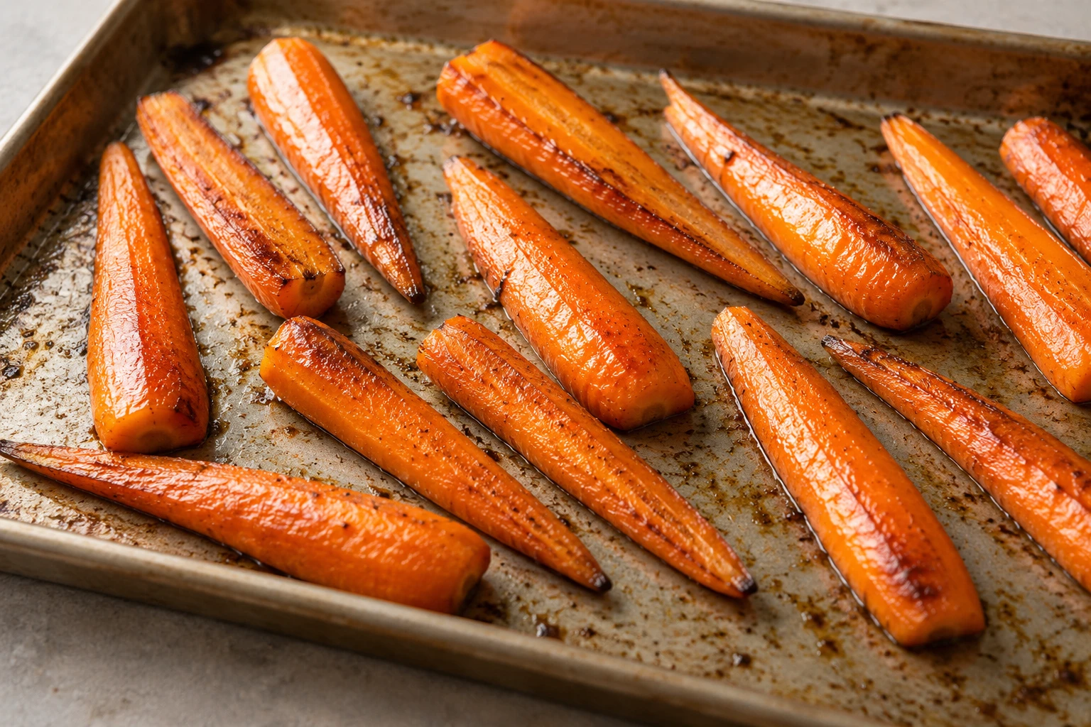 Lengthwise-cut carrots roast spaced apart on a sheet pan with browned edges.