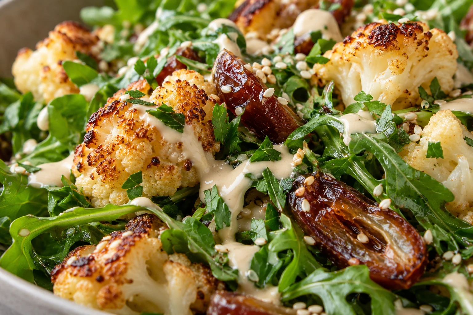 A browned cauliflower floret and sliced date show beneath creamy lemon-tahini dressing and parsley.