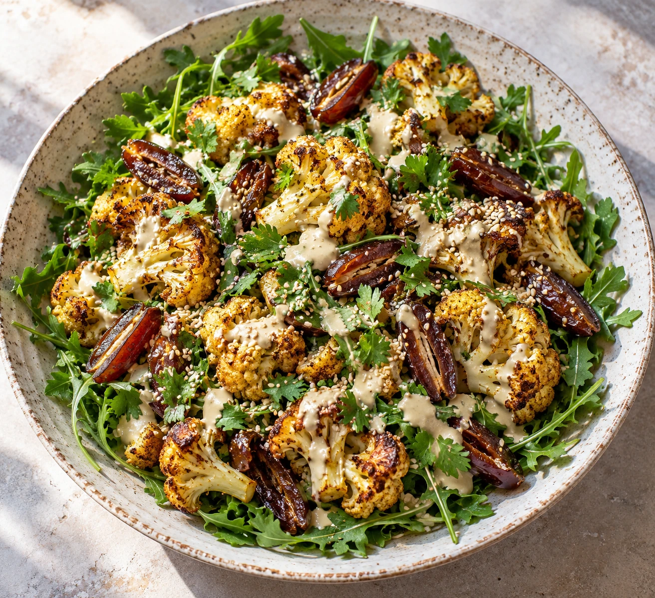 Golden roasted cauliflower, sliced dates, parsley, and sesame top baby arugula with lemon-tahini dressing.