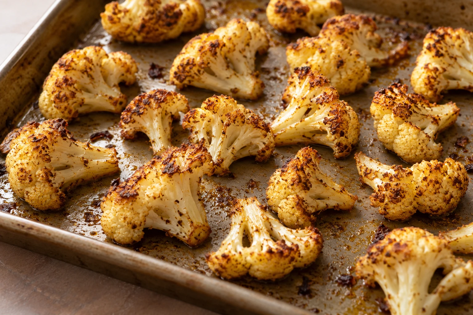 Spiced cauliflower florets roast in a single layer with browned edges on a metal sheet pan.
