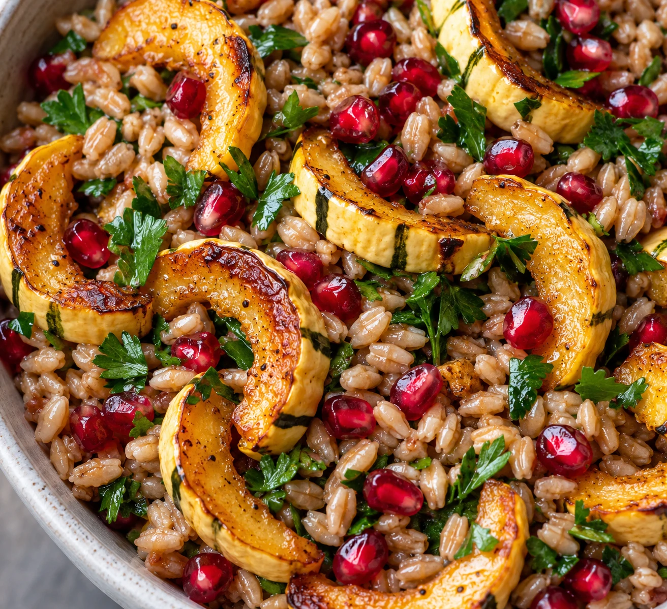 Browned squash edges, separate farro grains, and ruby pomegranate arils show the finished texture.